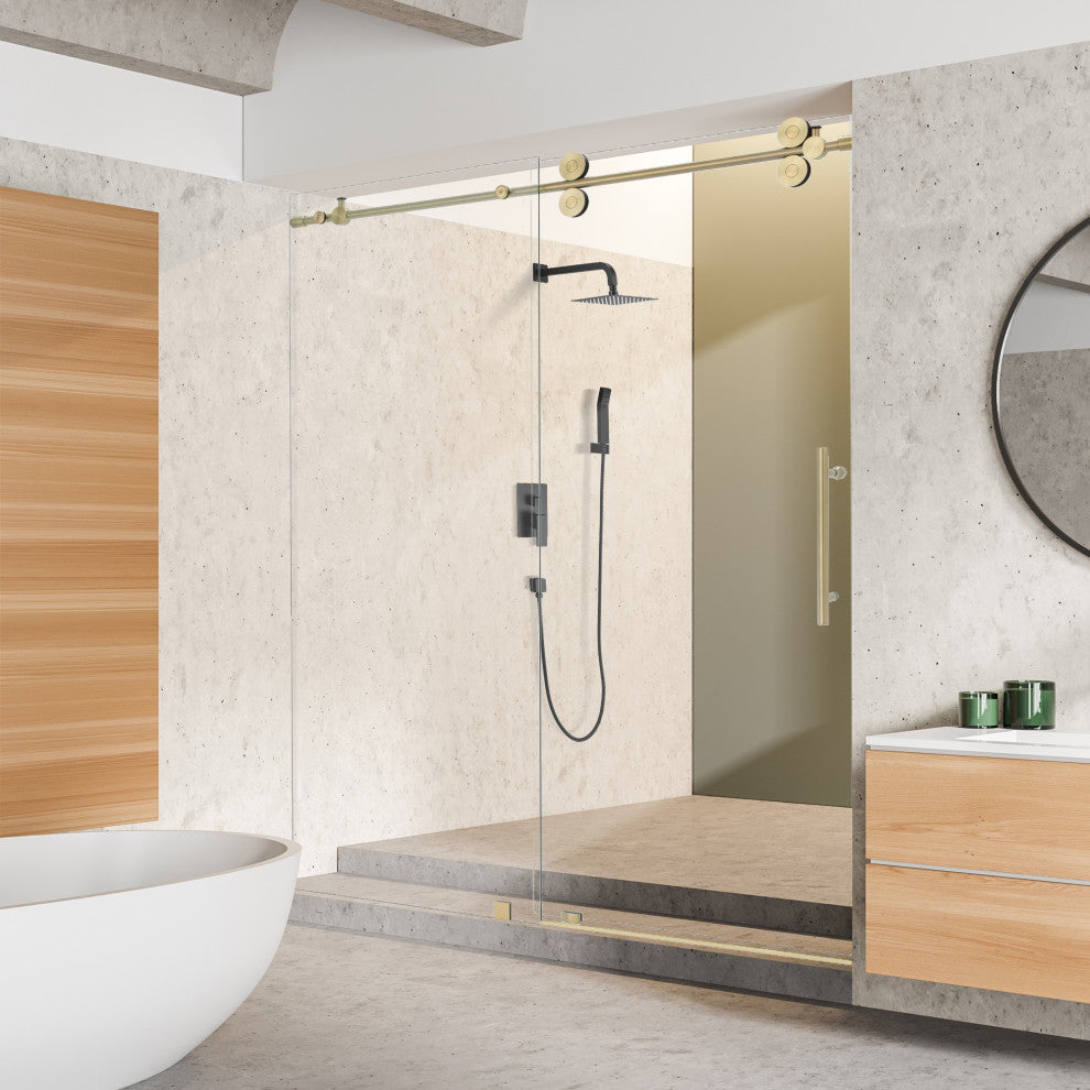 Lazaro Single Sliding Frameless Shower Door, Clear, Brushed Gold, 60"wx78"h