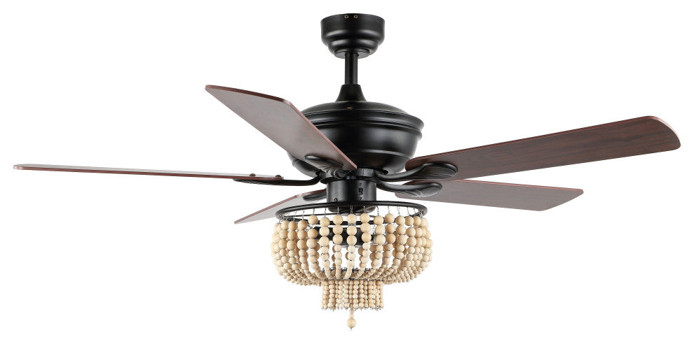 Opal 52" 3-Light Farmhouse Rustic Shade LED Ceiling Fan With Remote, Black