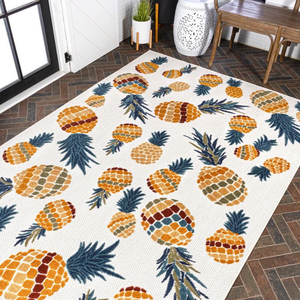 Ananas Bold Pineapple High-Low Indoor/Outdoor Area Rug, Orange/Navy, 3 X 5