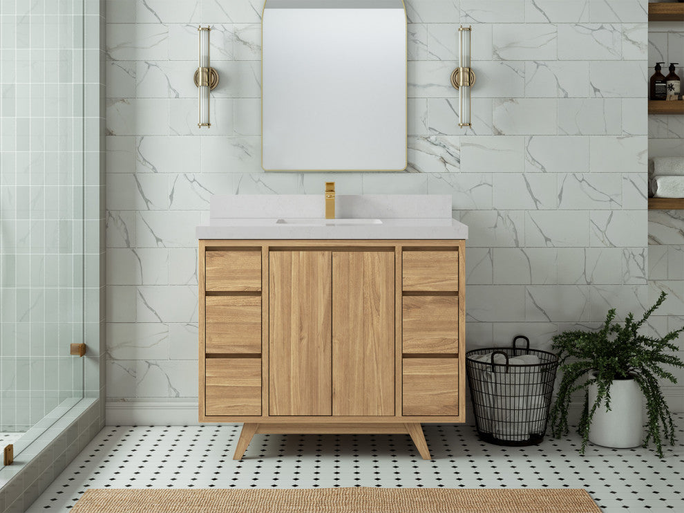 Madison Teak 42 Single Sink Bath Vanity in Light Natural 2" Carrara Quartz
