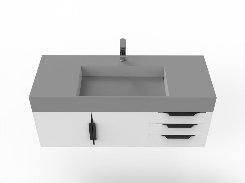 CastelloUSA Amazon 48" Wall Mounted Vanity Set, White, Gray Top, Black Handles
