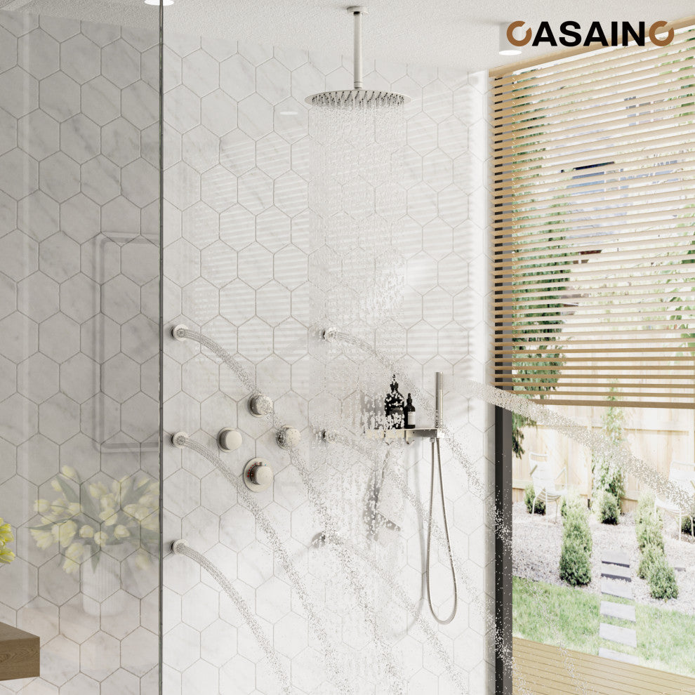 12inch Shower System With Shelf, Handheld Shower With Spray Gun Feature, Brushed Nickel
