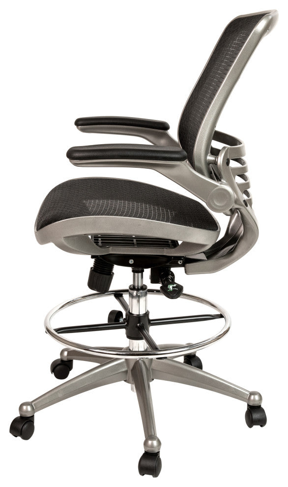 Mid-Back Transparent Black Mesh Drafting Chair -Silver Frame and Flip-Up Arms