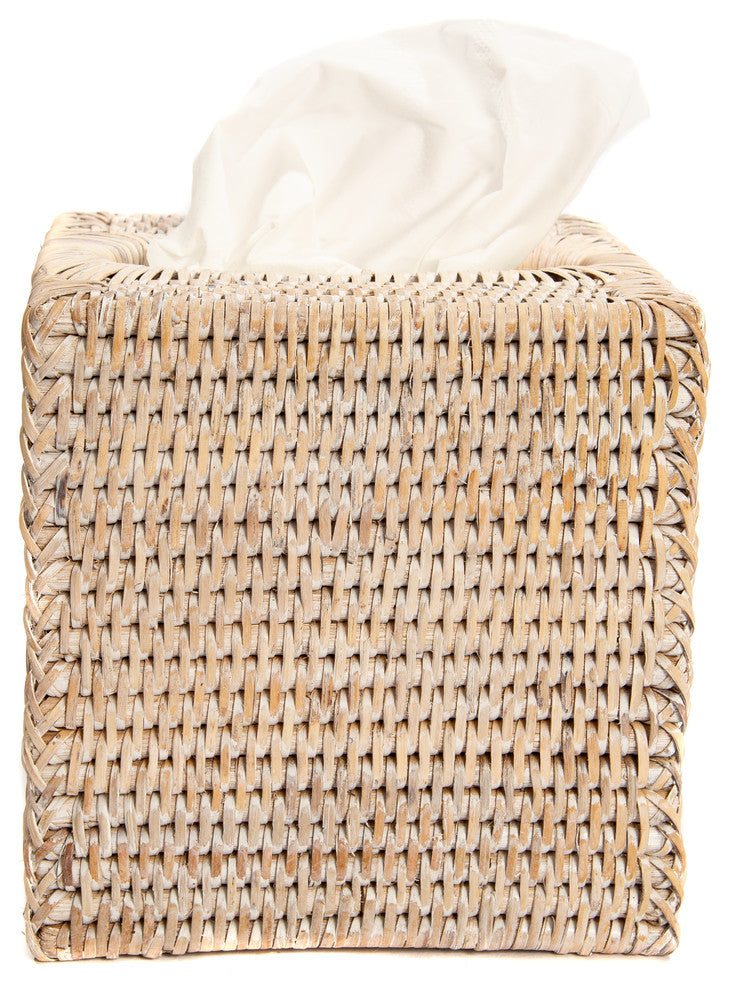 Artifacts Rattan Column Tissue Box Cover, White Wash