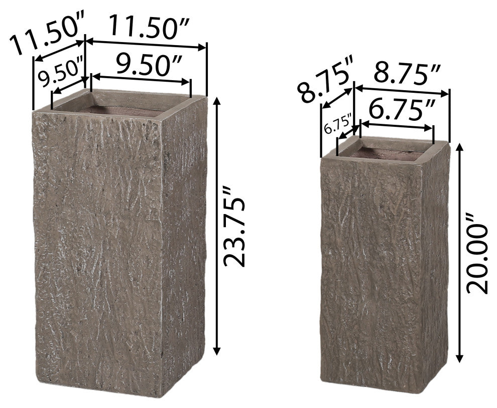 Berkamn Outdoor Medium and Small Cast Stone Planters, Set of 2, Brown Wood