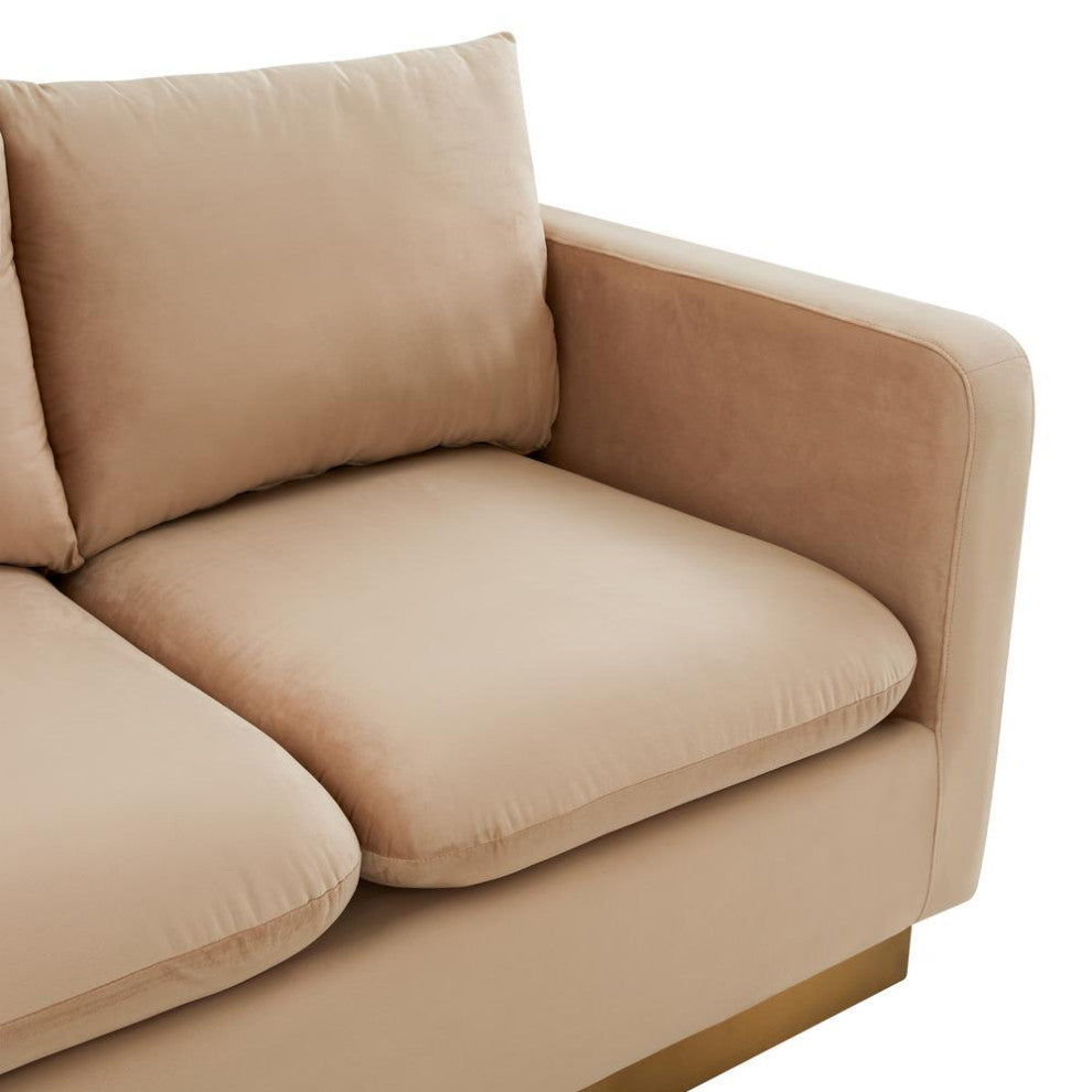 LeisureMod NS55BG Nervo Beige Mid-Century Velvet Loveseat Gold Frame