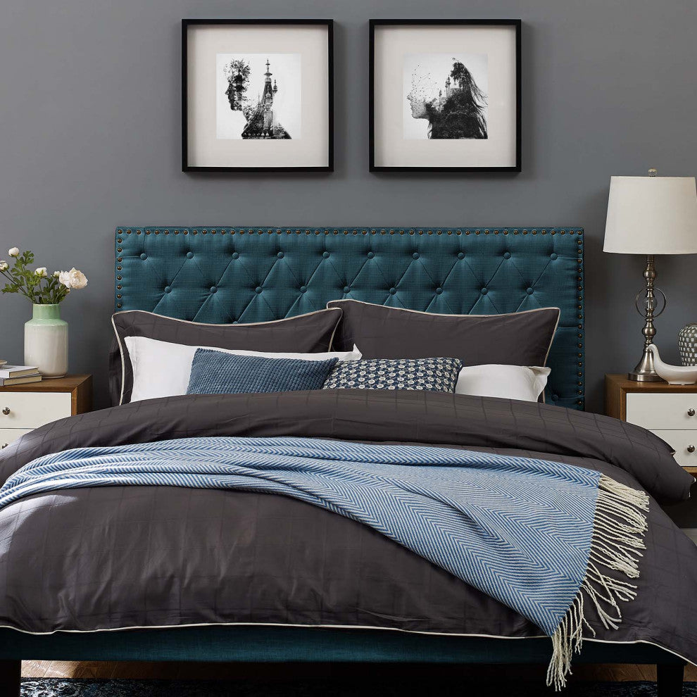Contemporary Modern Full and Queen Size Tufted Headboard, Fabric, Navy Blue