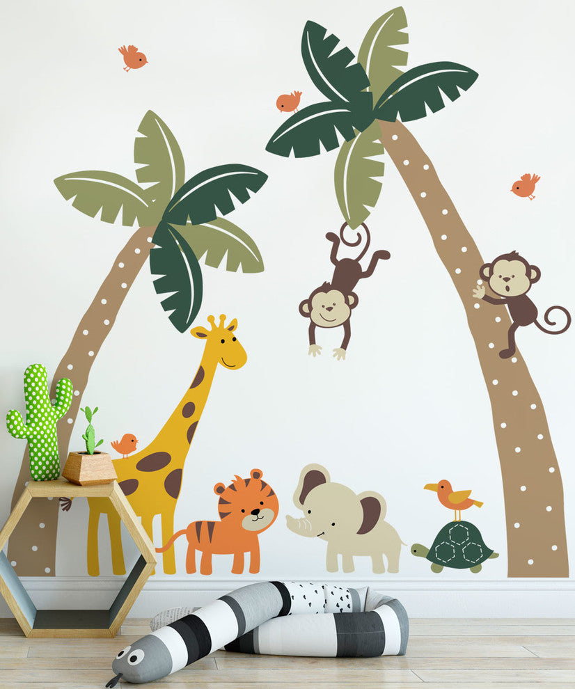 Palm Trees with Cute Jungle Animals Wall Decal, Scheme B