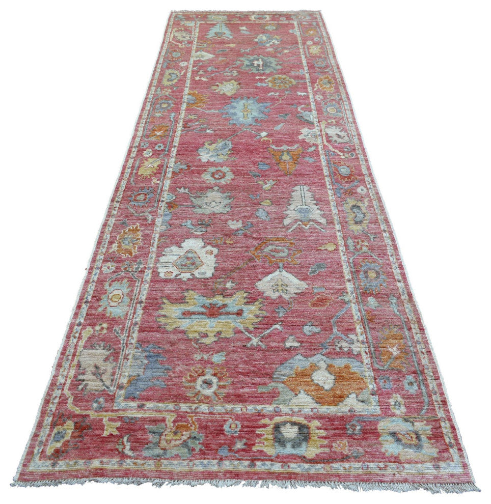 Red Hand Knotted Afghan Angora Oushak Wool Wide Runner Oriental Rug 4'0"x11'10"