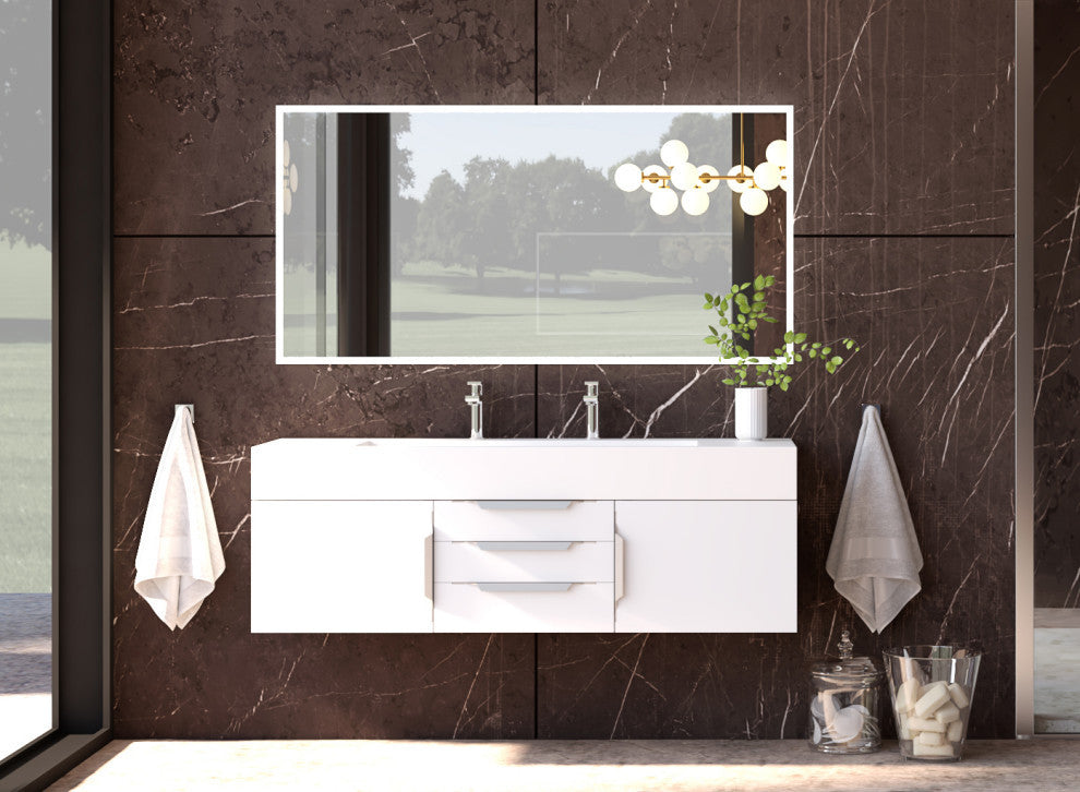CastelloUSA Nile 60" Wall Mounted Vanity Set, White, White Top, Chrome Handles