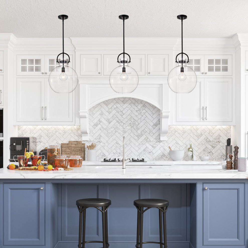 1-Light 14 in. Matte Black Pendant Light With Globe-shaped Clear Glass Shade