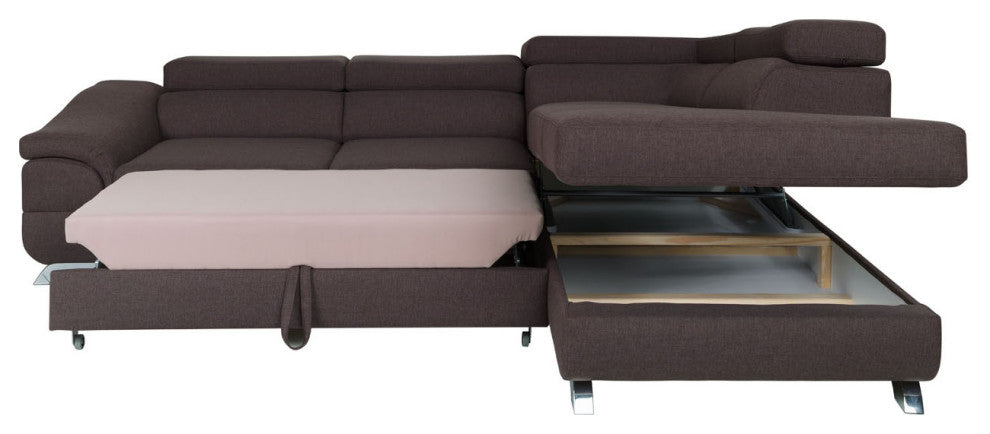 BELLA Sectional Sleeper Sofa, Brown, Right Facing