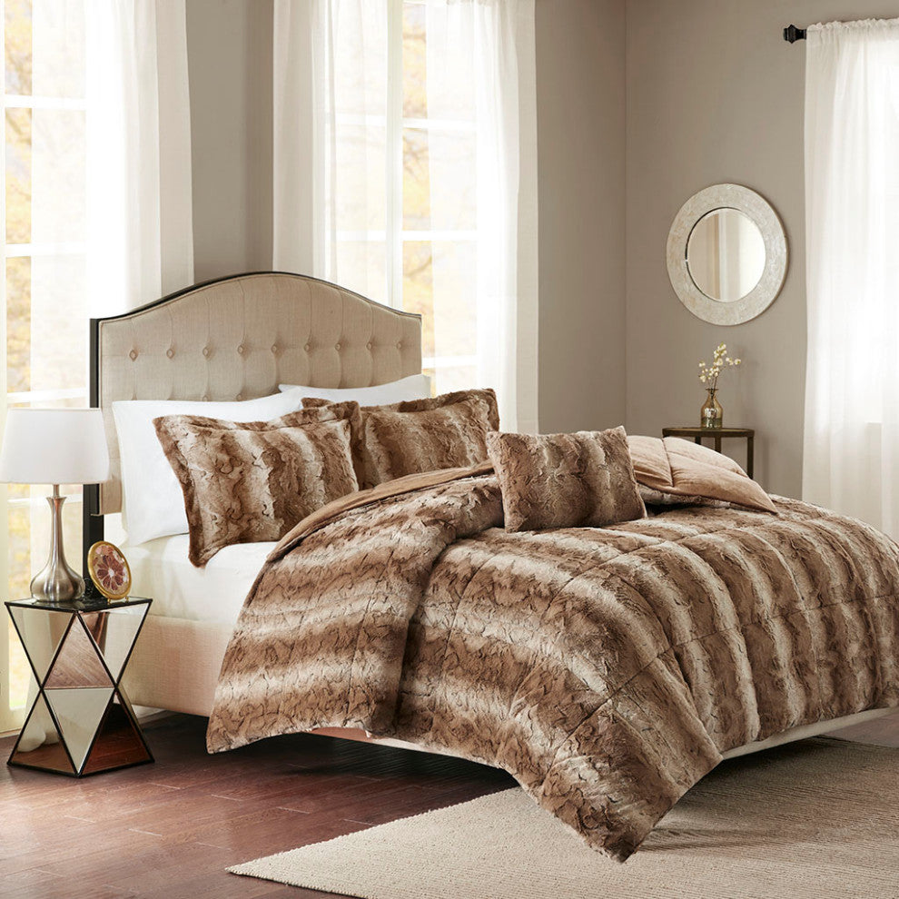 Madison Park Zuri Long Faux Fur 4-Piece Comforter Set, Tan, King