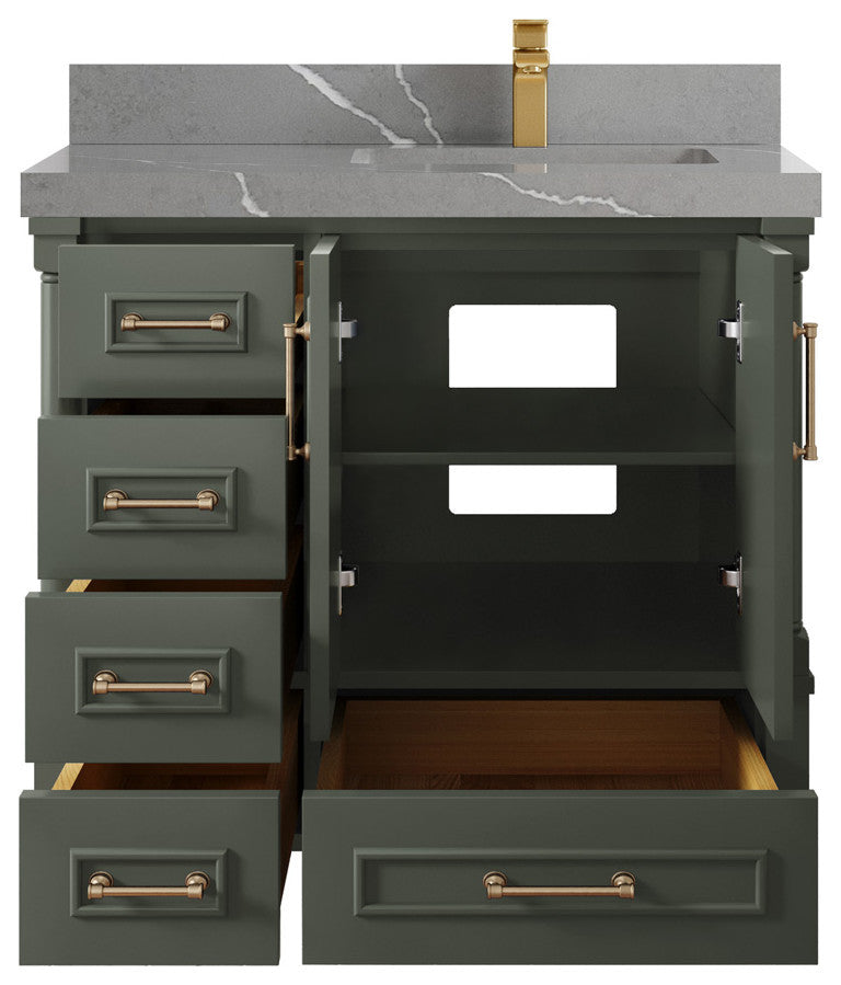 Aberdeen 36 Right Offset Bath Vanity in Pewter Green 2" Piatra Gray