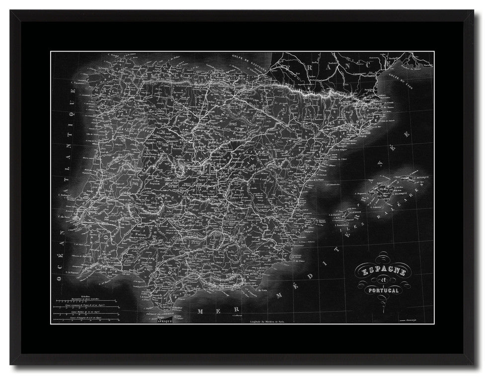 Spain Portugal Vintage Monochrome Map Canvas, 28"x37"