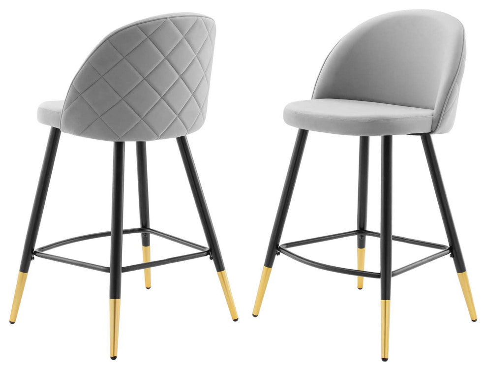 Counter Stool Chair, Set of 2, Velvet, Metal, Gray, Modern, Bar Pub Bistro