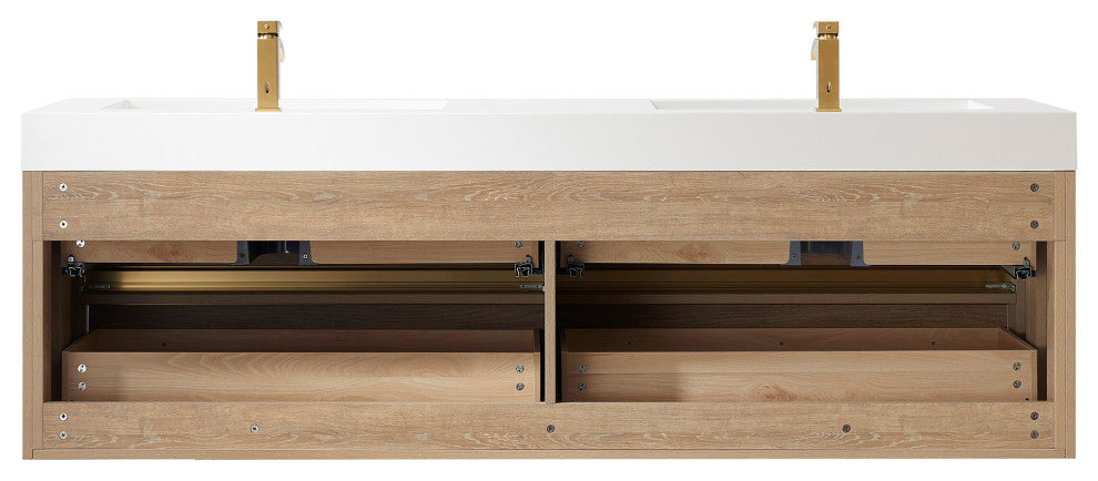 Palencia Floating Bath Vanity With Composite Stone Top, North American Oak, 72", With Mirror