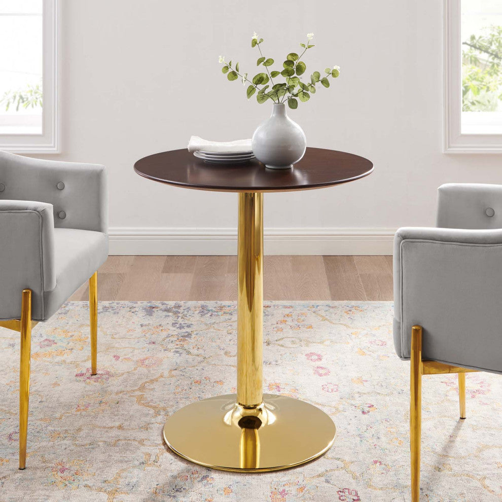 28" Dining Table, Round, Gold Walnut, Metal, Modern Cafe Bistro Hospitality