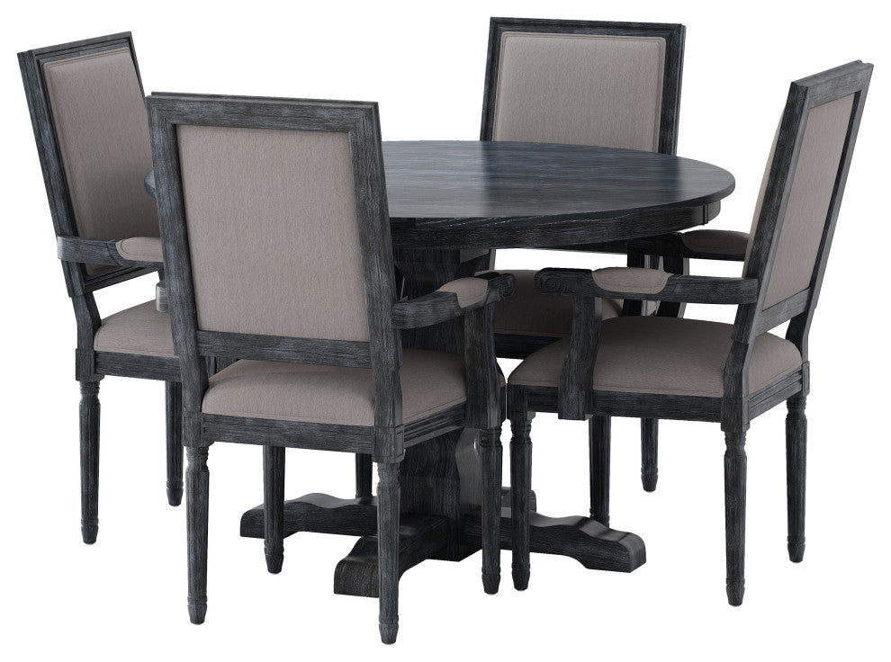 Joretta French Country Fabric Upholstered Wood 5-Piece Circular Dining Set, Gray