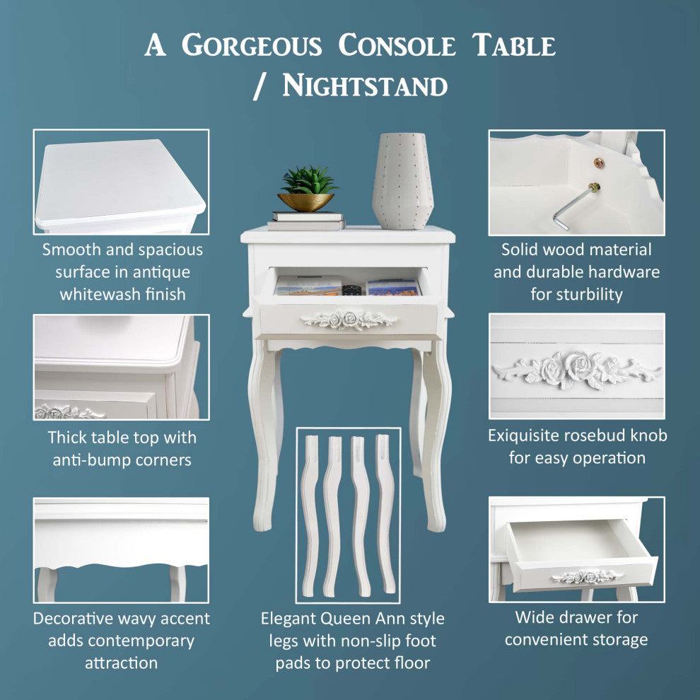 White Wood Nightstand Queen Anne Style Mid Century Console Table