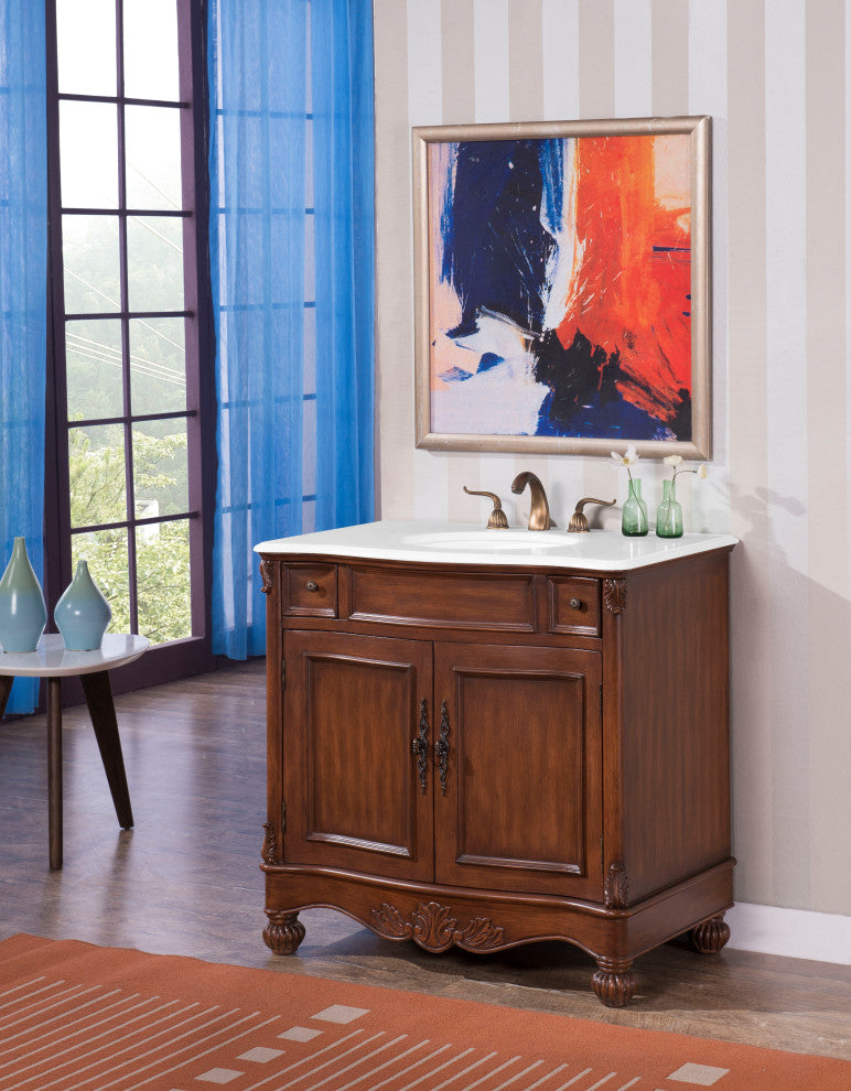 48" Single Bathroom Vanity, Teak Color With ivory white engineered marble, 36