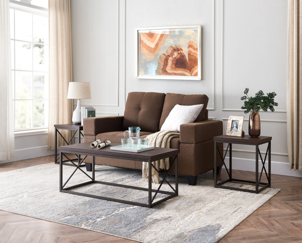 Elantra 3 Piece Coffee Table Set, Brown Wood Top and Pewter Metal Frame