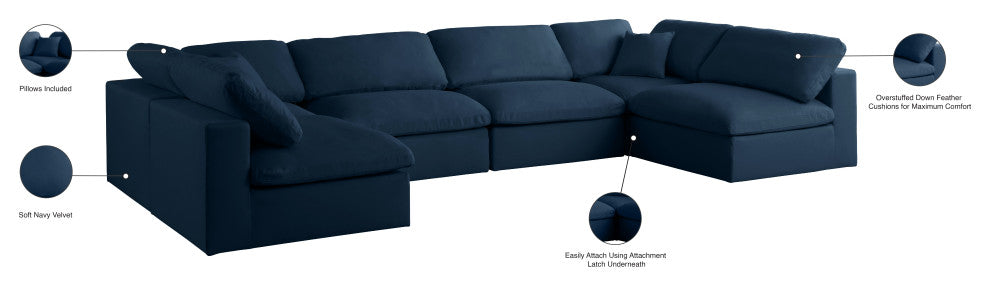 Plush Velvet / Down Standard Comfort 6-Piece U-Shaped Modular Sectional, Navy