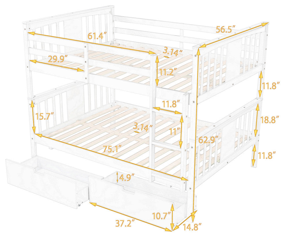 Gewnee Wood Full over Full Bunk Bed with Drawers and Ladder in Gray