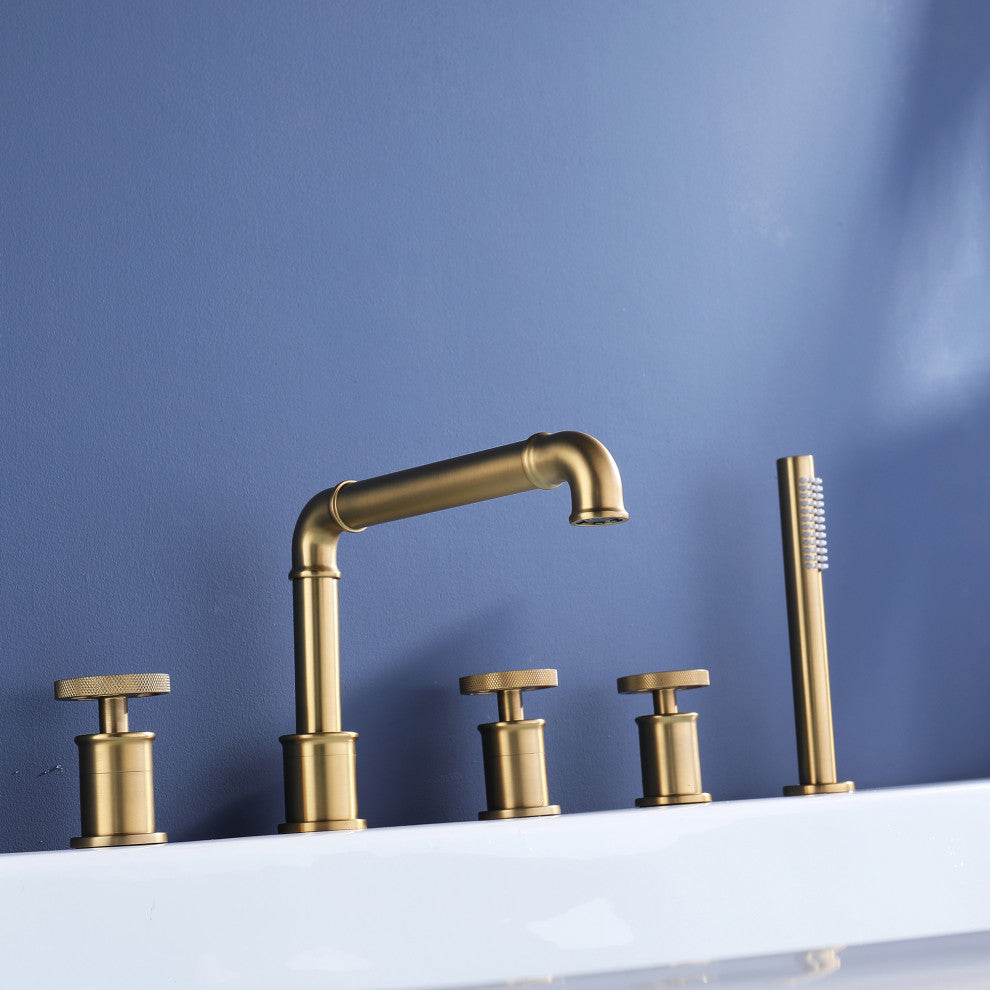 Modern 3-Handle Deck Mounted Roman Tub Faucet With Handshower, Brushed Gold