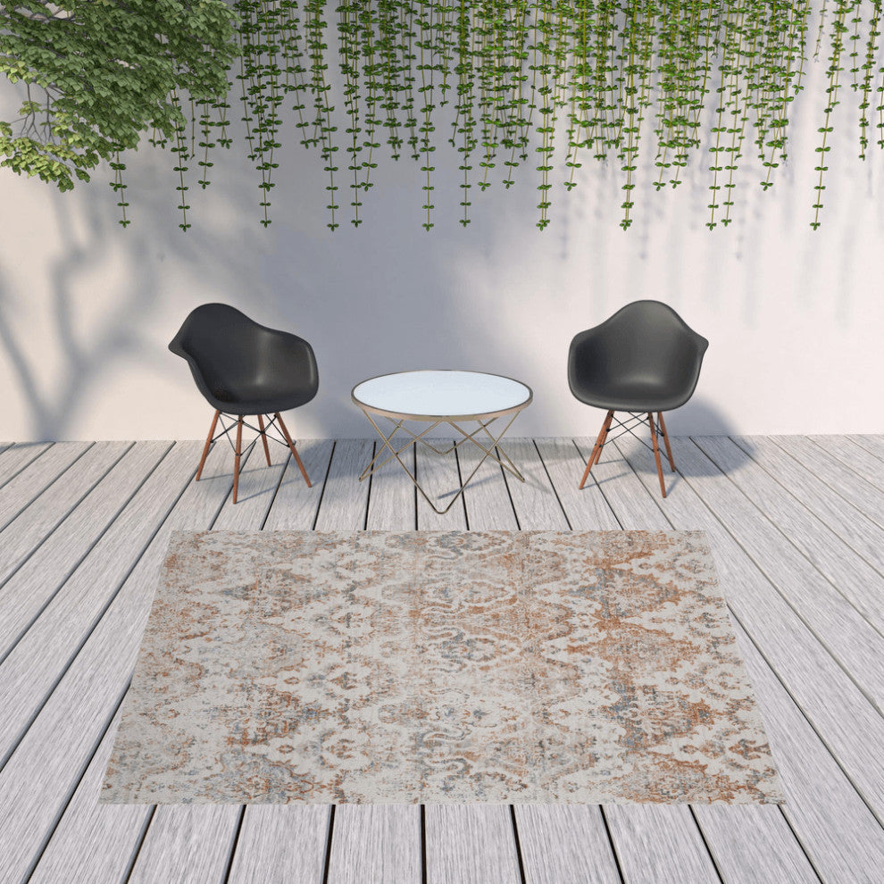 8' X 10' Beige Damask Stain Resistant Indoor Outdoor Area Rug