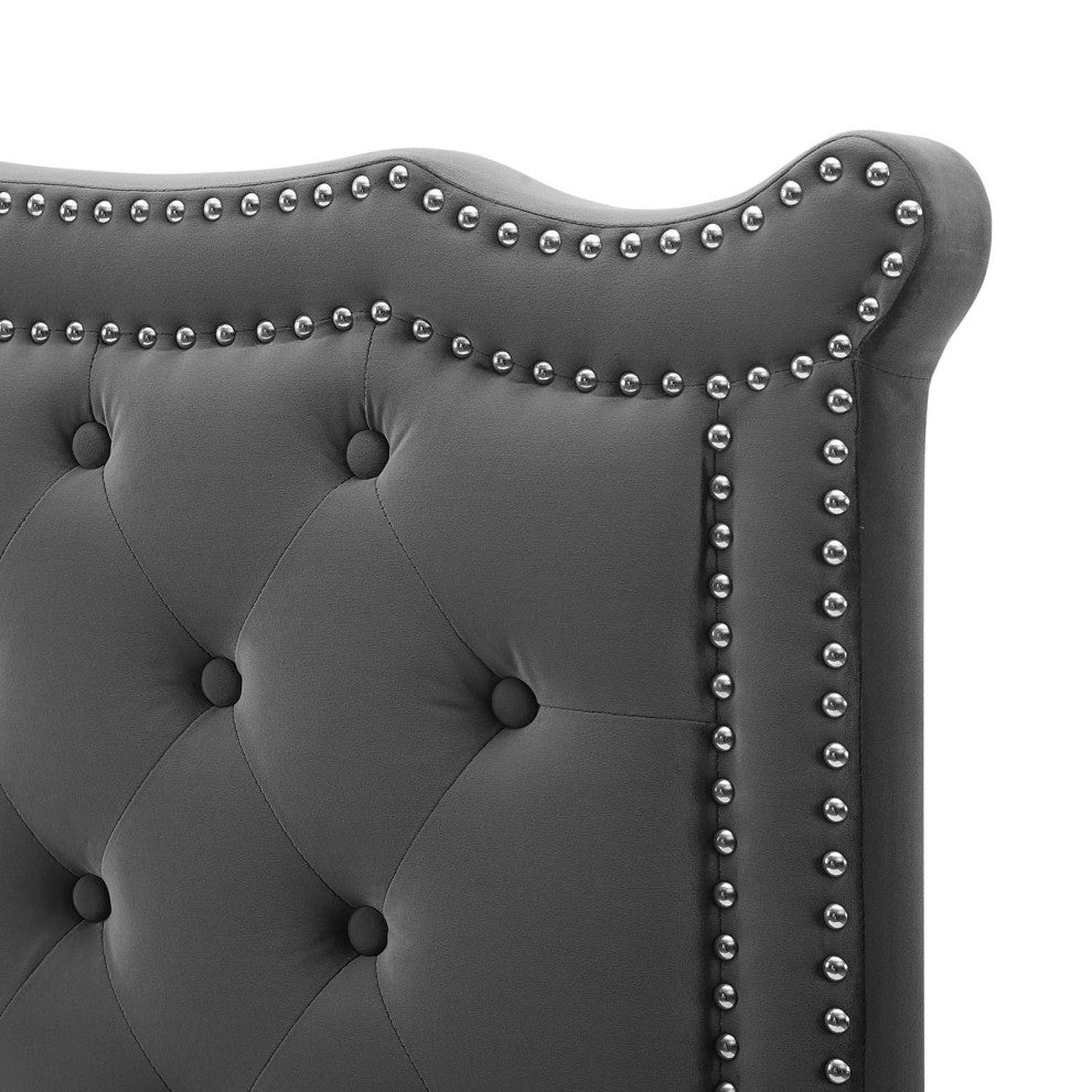 Tufted Headboard, Nailhead, Twin Size, Charcoal Gray, Velvet, Modern