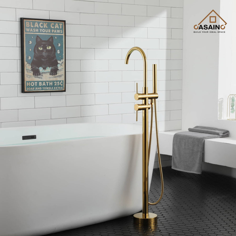 Freestanding Bathtub Faucet Hand Shower Floor-Mount High-arc Tub Faucet 2-Handle