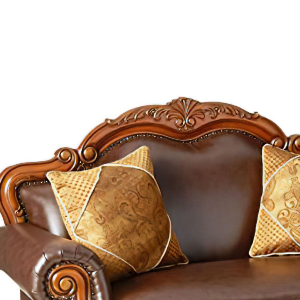 Dresden Loveseat With 2 Pillows, Brown PU and Chenille, Cherry Oak