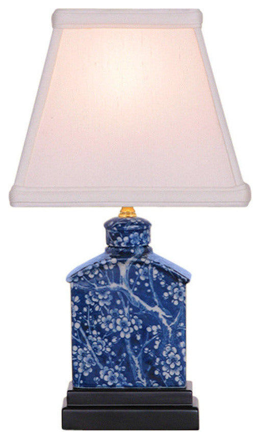 Reverse Blue and White Porcelain Cherry Blossom Tea Caddy Table Lamp 13"
