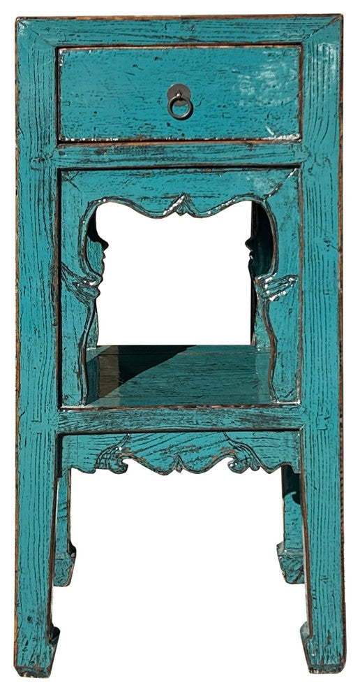 Distressed Gloss Teal Blue Pedestal Stand Side Table Chest