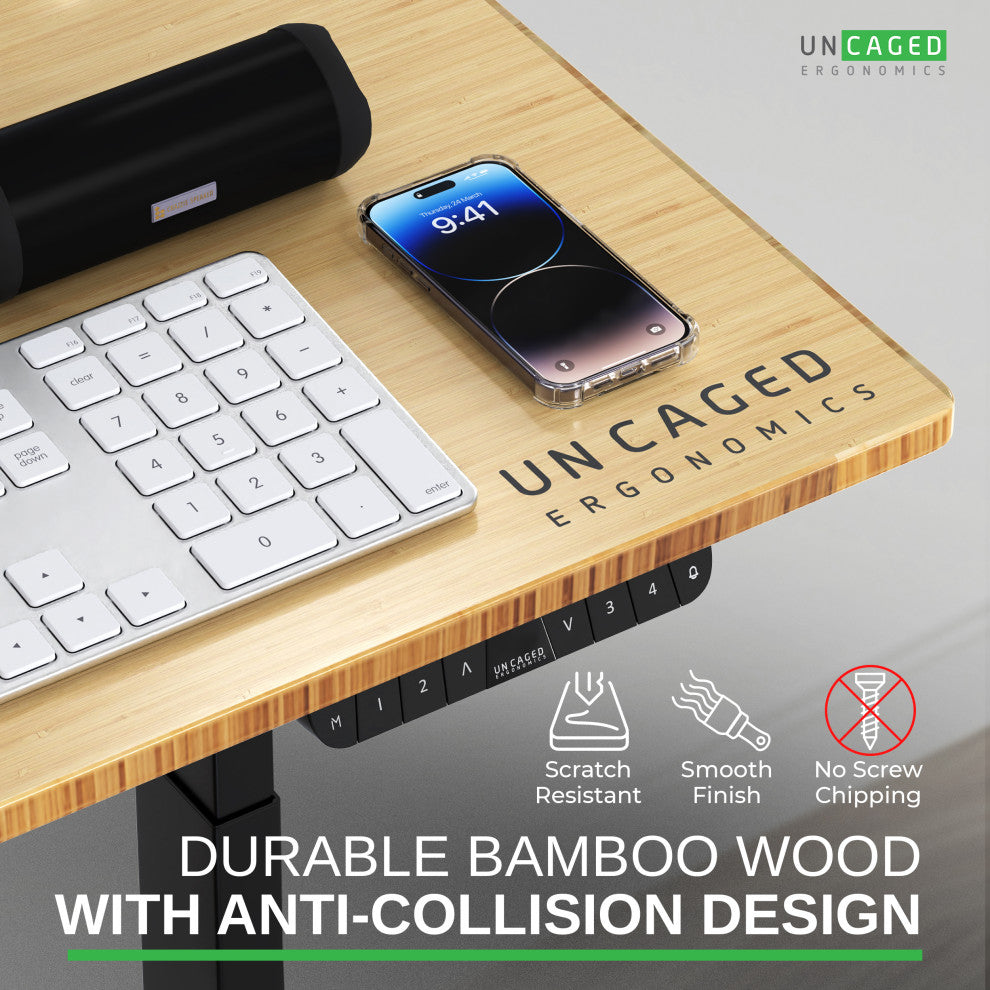 Rise Up Electric Adjustable Height Sit/Stand Office Desk, Black + Bamboo