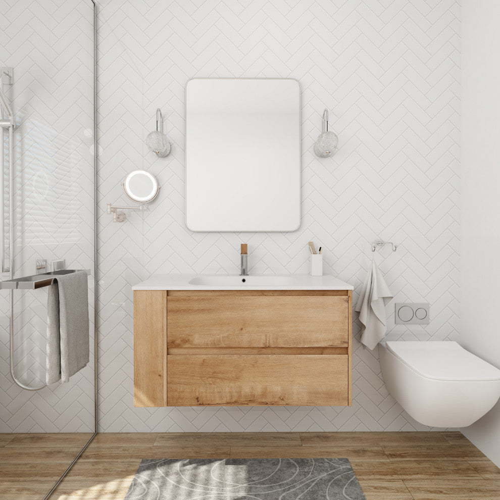 36" Plywood Wall Mounted Bath Vanity Set, Imitative Oak, Gel Basin