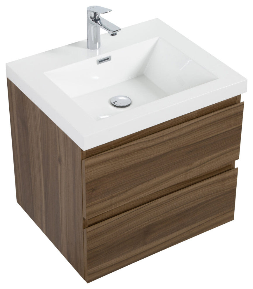 Aurora Wall Mount Vanity, White Acrylic Top, Smokey Walnut, 24"