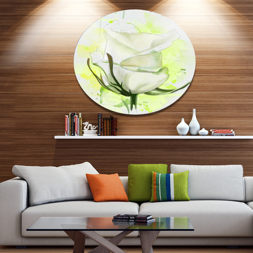 White Roses Watercolor Sketch, Modern Floral Round Wall Art, 23"