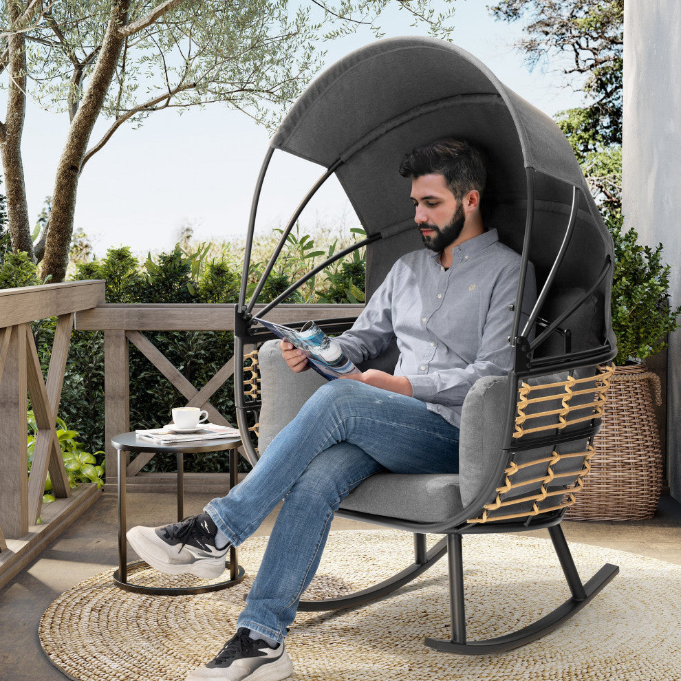 Egg Chair Outdoor Aluminum Rocking Lounge With Folding Canopy in Gray Finish, Gray