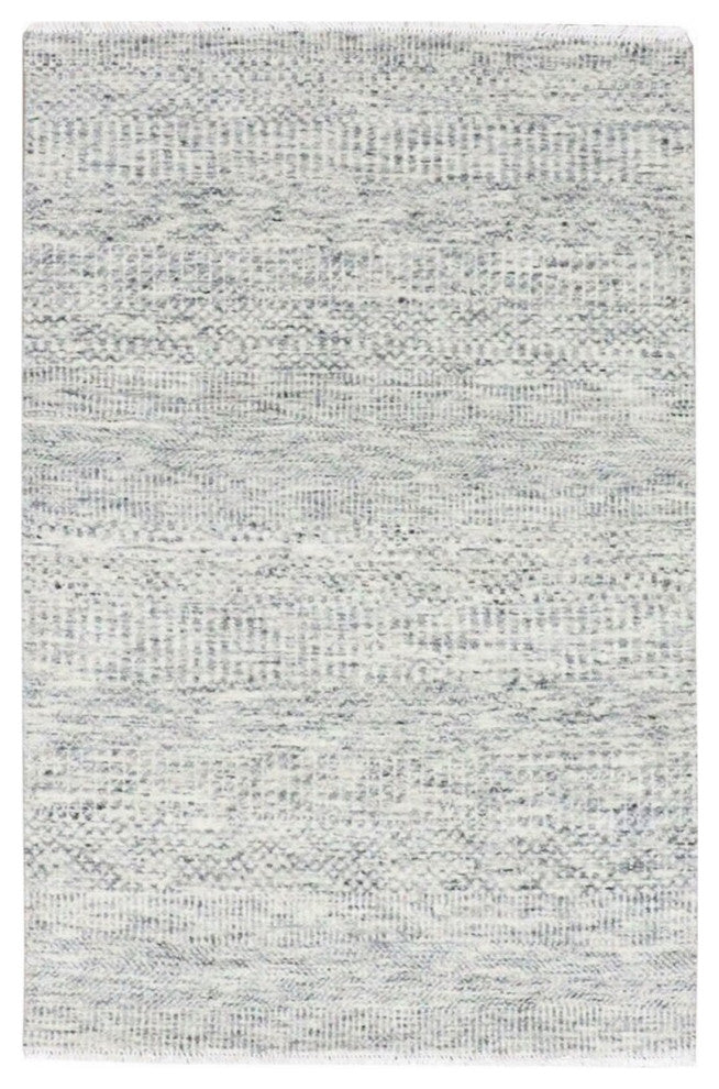 Gainsboro Gray Grass Design Hand Knotted Undyed Organic Wool Rug, 2'11"x5'1"