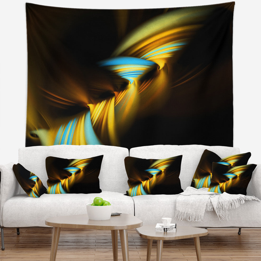 Fractal 3D Layers Yellow Blue Contemporary Wall Tapestry, 92"x78"