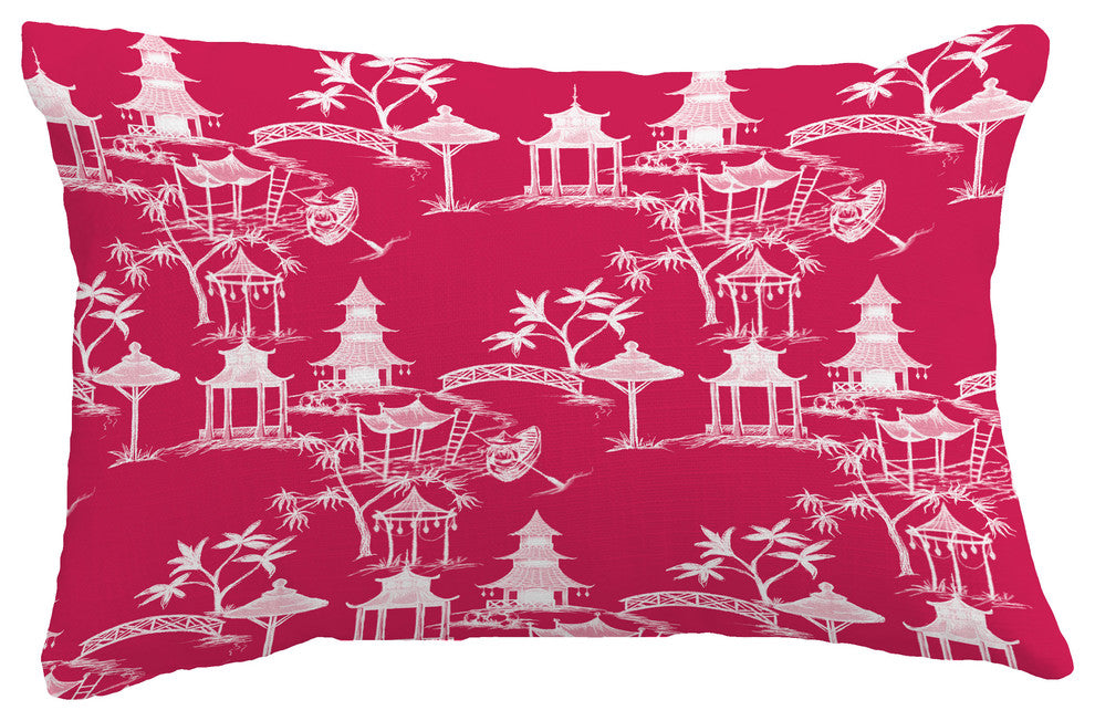 Chinapezka Floral Print Throw Pillow With Linen Texture, Pink/Fuchsia, 14"x20"