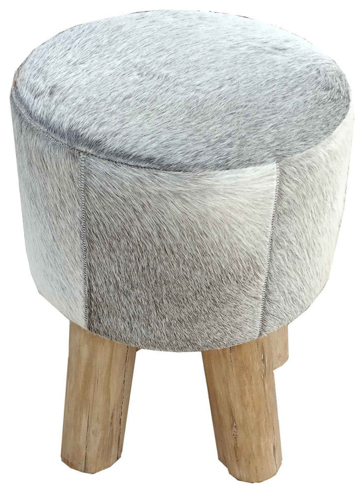 Joni Stool and Pouf, Gray Cowhide