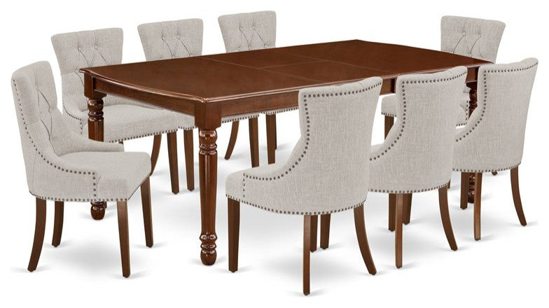 9-Piece Dining Set, Table With and 8-Chairs With Doeskin Fabric, Mahogany