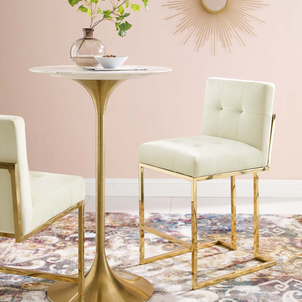 Counter Stool Chair, Velvet, Metal, Gold Ivory White, Modern, Bar Pub Bistro