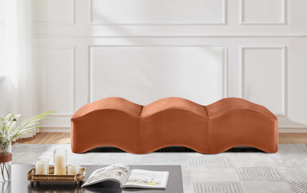 Wave Upholstered Bench, Cognac, Velvet
