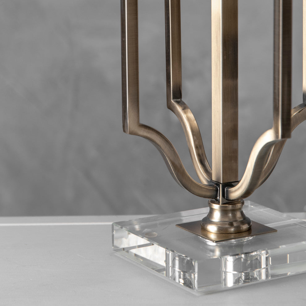 Nuloom 32" Metal Moroccan Frame Linen Shade Crystal and Antique Brass Table Lamp