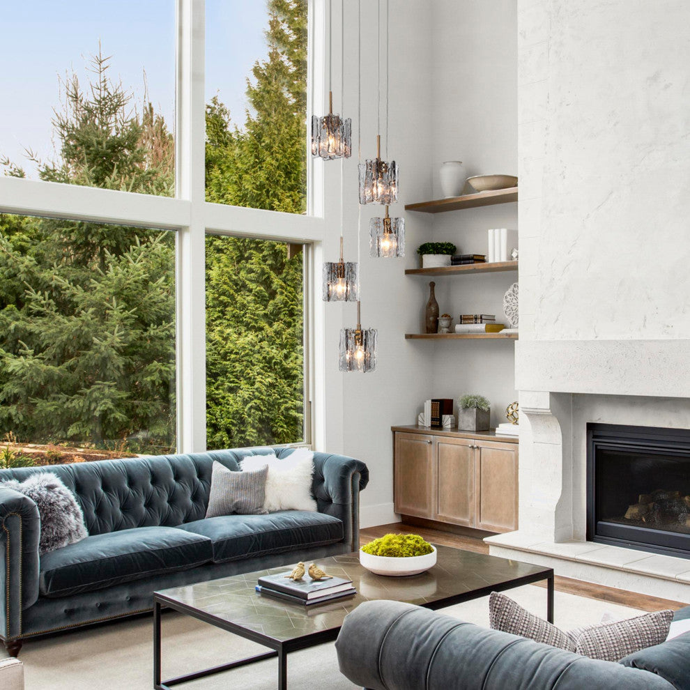 LNC Tucana Polished Gold Matte Black Modern Pendant Light, Textured Glass, 5 Light