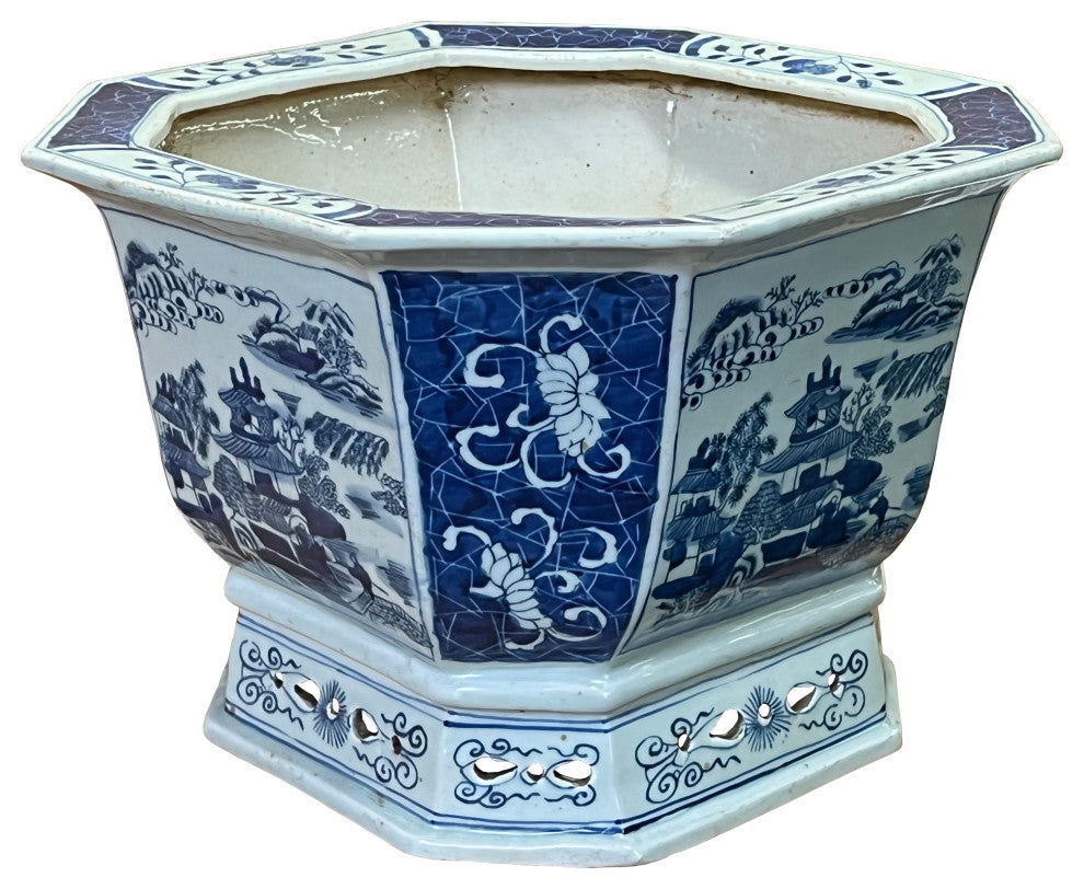 Chinese Blue White Oriental Scenery Porcelain Square Pot Planter Hws3171